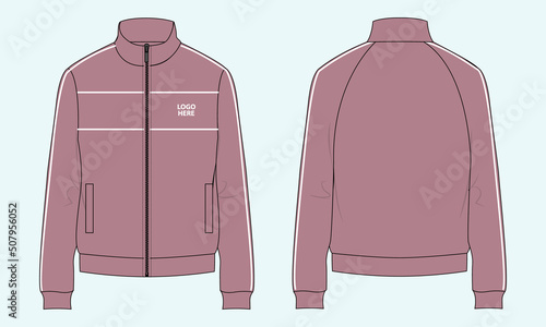 Long sleeve with Short zip fleece jacket overall technical fashion Flat sketch Vector illustration template Front, back views. Apparel Sweater Jacket  mock up CAD
 photo
