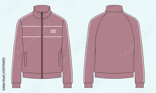 Long sleeve with Short zip fleece jacket overall technical fashion Flat sketch Vector illustration template Front, back views. Apparel Sweater Jacket  mock up CAD
