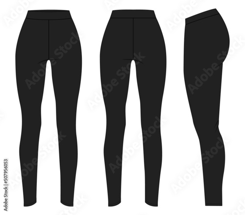 Slim fit Leggings pants fashion flat sketch vector illustration template front, back and side view isolated on white background. Girls Long Legging mock up for Women's unisex CAD.
