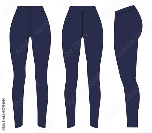 Slim fit Leggings pants fashion flat sketch vector illustration template front, back and side view isolated on white background. Girls Long Legging mock up for Women's unisex CAD.
