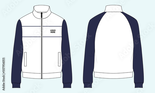 Two tone Color Long sleeve with Short zip fleece jacket overall technical fashion Flat sketch Vector illustration template Front, back views. Apparel Sweater Jacket  mock up CAD