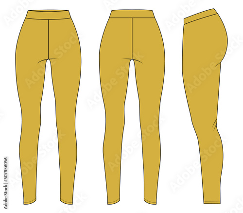 Slim fit Leggings pants fashion flat sketch vector illustration template front, back and side view isolated on white background. Girls Long Legging mock up for Women's unisex CAD.
