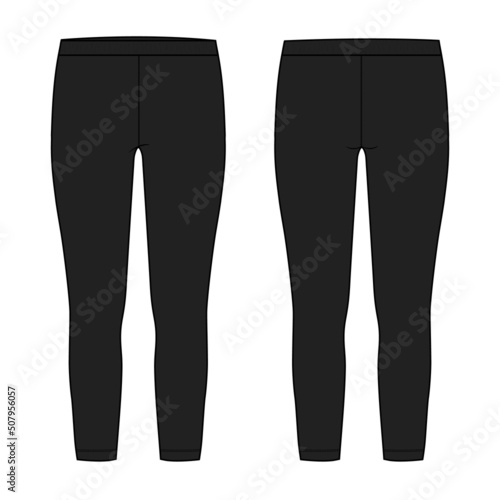 Slim fit Leggings pants fashion flat sketch vector illustration template front, back and side view isolated on white background. Girls Long Legging mock up for Women's unisex CAD. 
