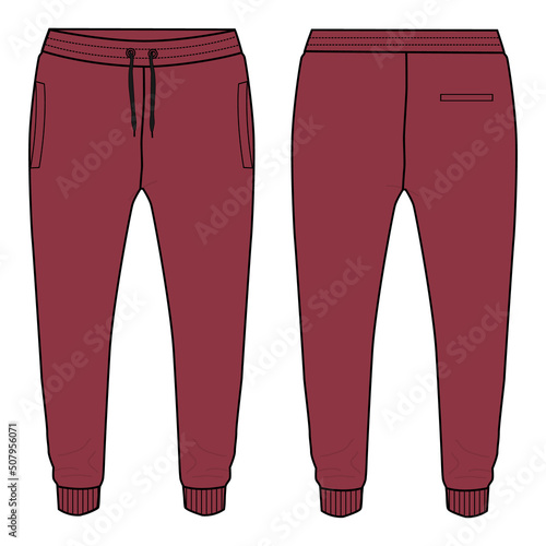 Fleece fabric Jogger Sweatpants overall technical fashion flat sketch vector illustration Red Color template front, back and views isolated on white background.