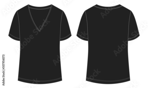 V-neck short sleeve t-shirt Technical fashion flat sketch vector illustration black color template for women's. 