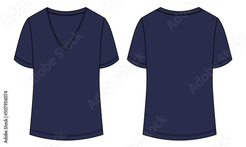 V-neck short sleeve t-shirt Technical fashion flat sketch vector illustration Navy color template for women's. 