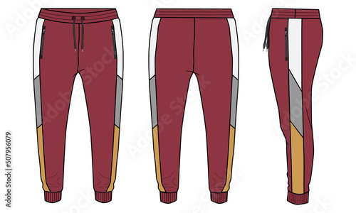 Fleece cotton jersey basic Sweat pant technical fashion flat sketch template front and back views. Apparel jogger pants vector illustration mock up for kids and boys. Fashion design drawing CAD.
