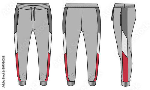 Fleece cotton jersey basic Sweat pant technical fashion flat sketch template front and back views. Apparel jogger pants vector illustration mock up for kids and boys. Fashion design drawing CAD.

