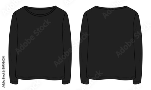 Long sleeve T shirt tops technical fashion flat sketch vector Illustration black color template for ladies. Basic apparel Design Women's unisex Mockup CAD.