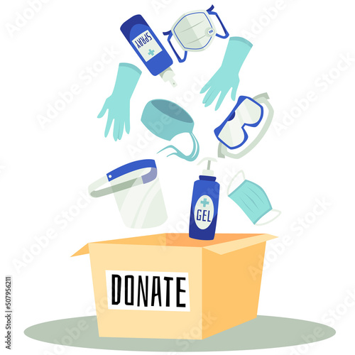 Donation of PPE personal protective equipment for doctors, flat vector isolated.