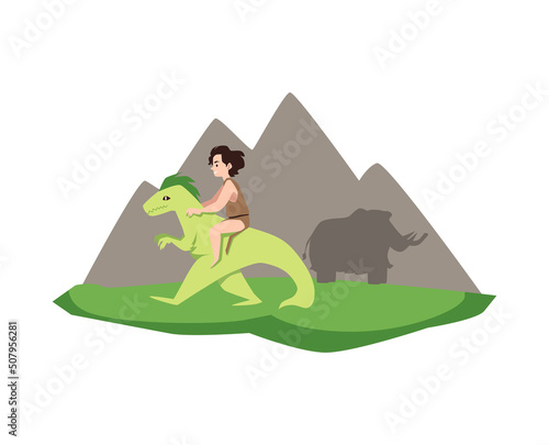 Little cunning boy dressed in animal skin riding green dinosaur flat style