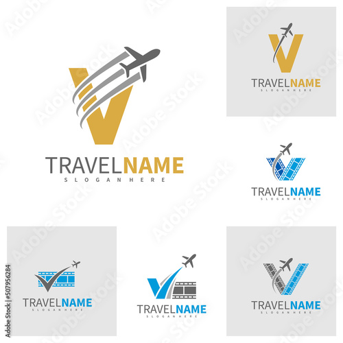 Set of Film Airplane with Letter V logo design vector, Creative Travel logo concepts template illustration.