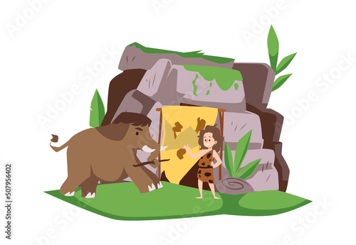 Stone age kid playing with mammoth in front of the cave, flat vector illustration isolated on white background.