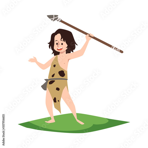 Stone age kid boy hunting with spear, flat vector illustration isolated on white background.