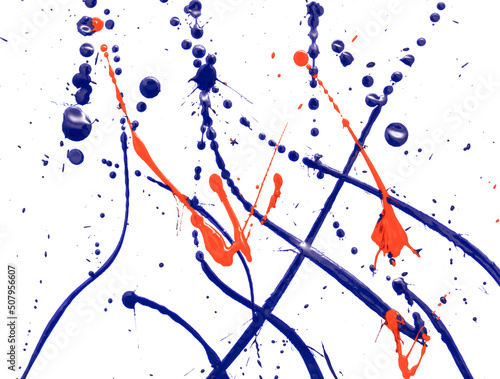 Drops of red and blue paint on a white background.