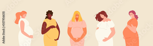 Pregnant happy women hugging their belly. Training courses for expectant mothers