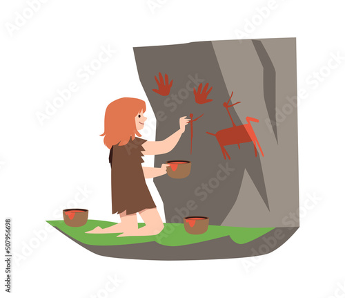 Stone age child drawing with red paint on rock or cave, flat vector illustration isolated on white background.