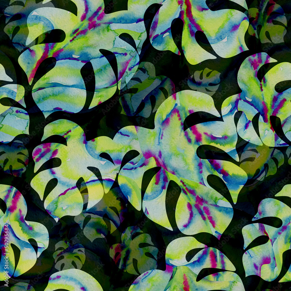 Night Jungle with Watercolor Monstera Leaves