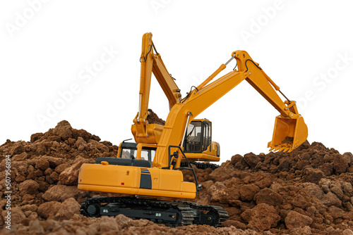 Two Clewer excavator digging a construction site isolated on white background.With clipping paths