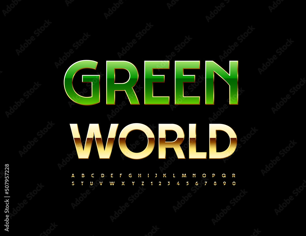 Vector eco poster Green World with premium set of Alphabet Letters and Numbers. Green and Gold elite Font