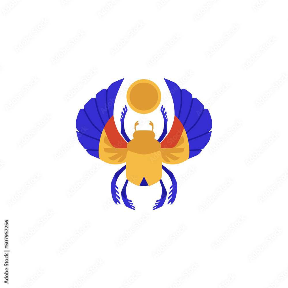 Egyptian scarab beetle in gold and azure, flat vector illustration isolated.