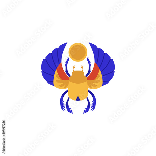 Egyptian scarab beetle in gold and azure, flat vector illustration isolated.