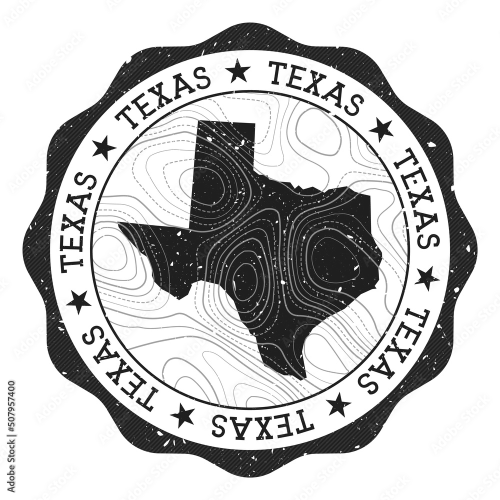 Texas outdoor stamp. Round sticker with map of us state with