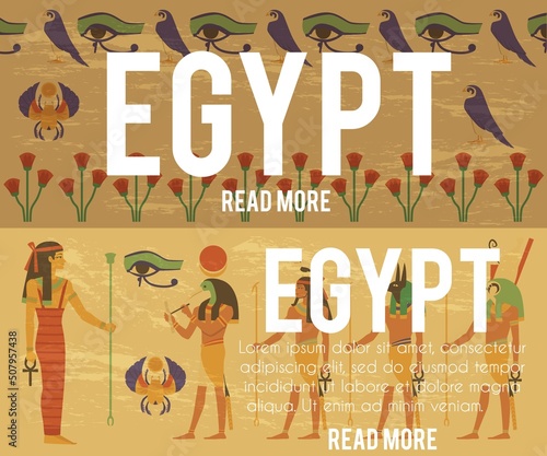 Egypt travel posters or banners set with ancient gods and goddesses, flat vector illustration.