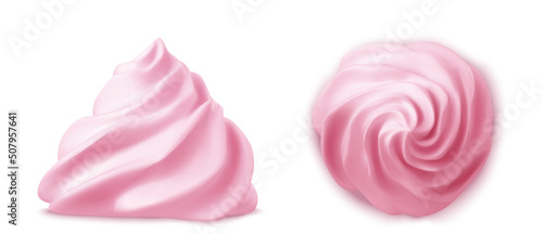Whipped pink cream swirl or meringue top side view 3D vector. Custard, butter or strawberry creme for decoration cake, cupcake or muffin, realistic elements set isolated on background