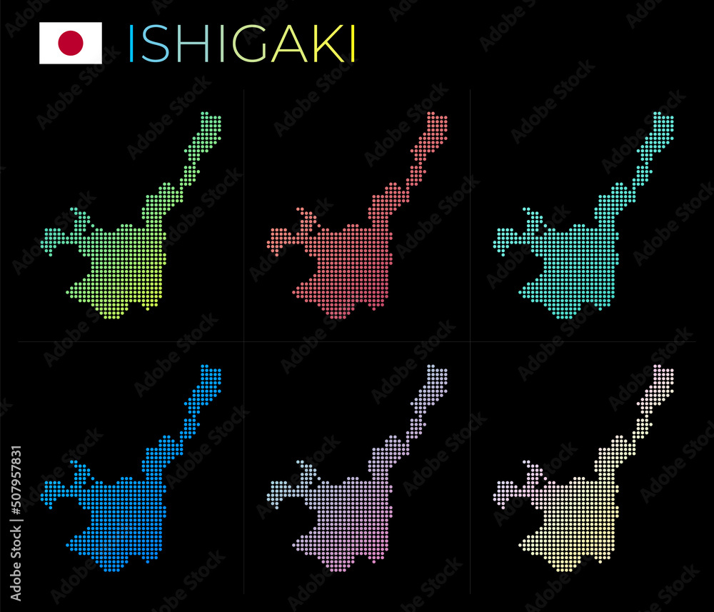 Ishigaki dotted map set. Map of Ishigaki in a dotted style. Borders of the island filled with beautiful smooth gradient circles. Elegant vector illustration. Ishigaki dotted map set. Map of Ishigaki in a dotted style. Borders of the island filled with beautiful smooth gradient circles. Elegant vector illustration.