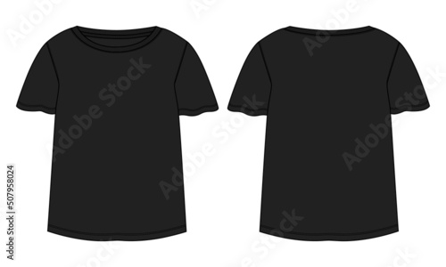 Short sleeve T shirt tops technical fashion flat sketch vector Illustration black color template for ladies and baby girls. Basic apparel Design Women's unisex Mockup CAD.