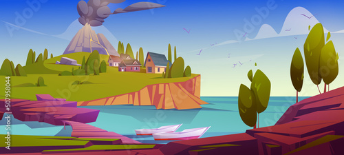 Island with houses and volcano with black smoke clouds. Vector cartoon illustration of summer mediterranean landscape with sea harbor, village and volcanic eruption