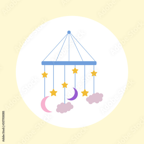 Vector illustration of a baby mobile in the crib with a month, stars and clouds. Blue mobile on a yellow background. Boy's mobile