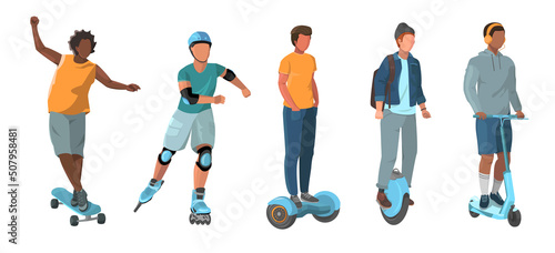 mans on a city transport. Set of young mans riding skateboard, gyro scooter, electric unicycle and other personal transporters. Flat modern trendy style.Vector illustration. Eco transportation concept