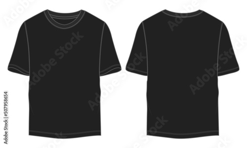 Short sleeve T shirt technical fashion flat sketch vector Illustration black color template front, back views isolated on White Background. Basic apparel Design Mock up CAD.