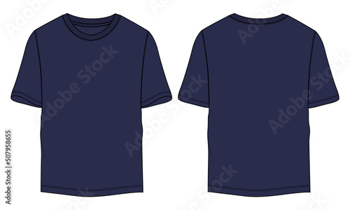 Regular fit Short sleeve T-shirt technical Sketch fashion Flat Template Front and back view. apparel design  Navy Color Mock up.