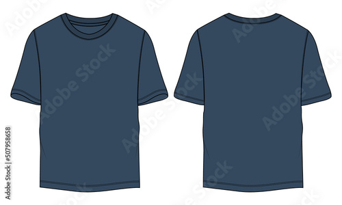 Regular fit Short sleeve T-shirt technical Sketch fashion Flat Template Front and back view. apparel design Navy Blue Color Mock up.