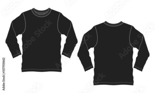 Long Sleeve T shirt Vector illustration black Color template Front And back views Isolated on white background. Apparel Design Mock up CAD.