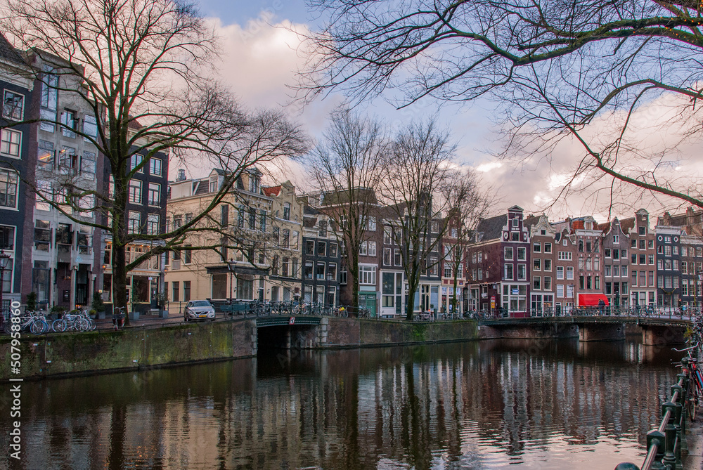 Canal view during sunset in Amsterdam, The Netherlands
