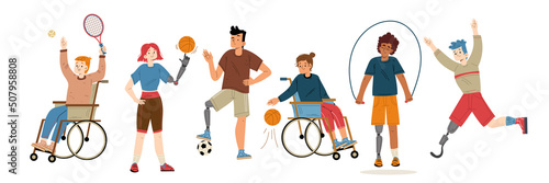 Sport athlete people with different disabilities. Vector flat illustration of active characters with prosthesis and in wheelchair training, play basketball, tennis and soccer, jogging