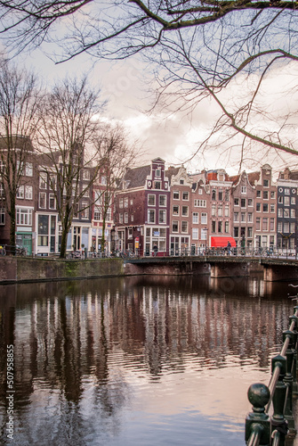 Canal view during sunset in Amsterdam, The Netherlands