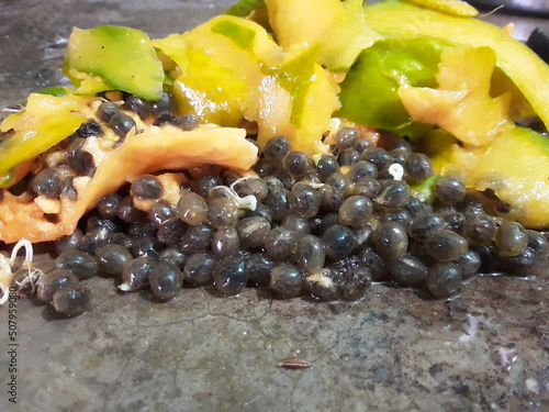 Papaya Green Yellow peels in the black Papaya seeds .Papaya Seeds (Papita Beej) Health benefits of Papaya peel Papaya Seeds .carica papaya peel black seeds with knife steel on. Yellow Ripe Papaya. 