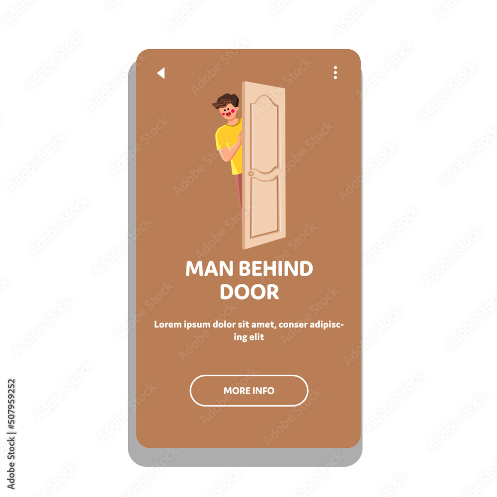Man Behind Door Looking From Apartment Room Vector. Man Behind Door Home Entrance Looking Outdoor. Happy Smiling Character Young Boy Standing In Doorway Web Flat Cartoon Illustration Man Behind Door Looking From Apartment Room Vector. Man Behind Door Home Entrance Looking Outdoor. Happy Smiling Character Young Boy Standing In Doorway Web Flat Cartoon Illustration
