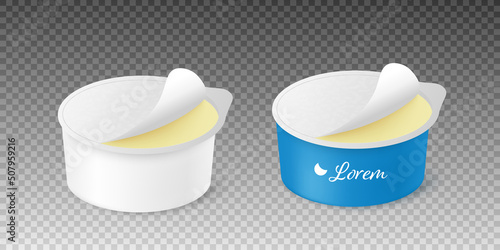 Cream cheese plastic container with open foil, realistic 3d vector illustration isolated on transparent background.