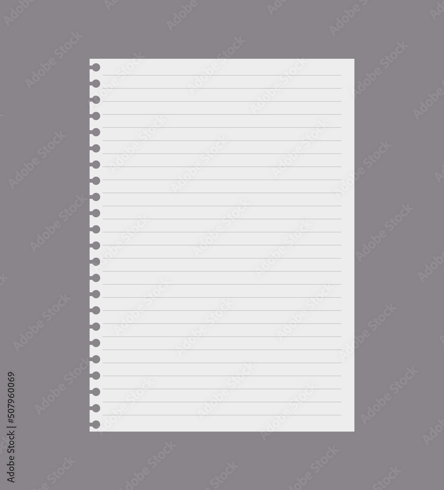 Lined empty white paper of notebook, realistic vector illustration isolated on gray background. Lined empty white paper of notebook, realistic vector illustration isolated on gray background.