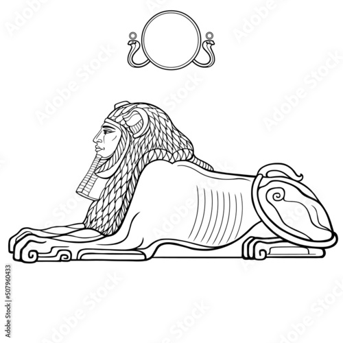 Animation linear portrait: Egyptian sphinx body of a lion and the head of a man. Divine sun. Vector illustration isolated on a white background. Print, poster, t-shirt, tattoo.