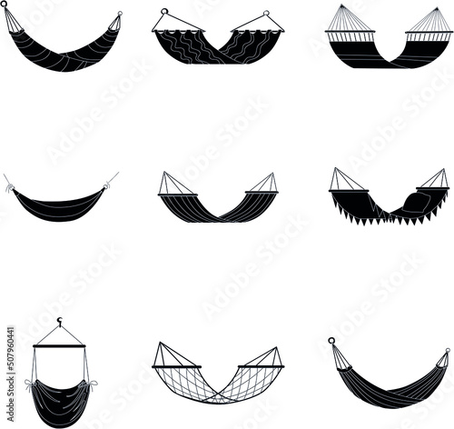 Hammocks for relaxing, swinging, sleeping, resting on beach icon black and white collection set