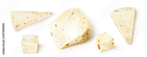 Fresh cheese blocks and triangle pieces isolated on white background. Vector realistic set of white soft cheese chunks with spices, red pieces of tomato and peppers