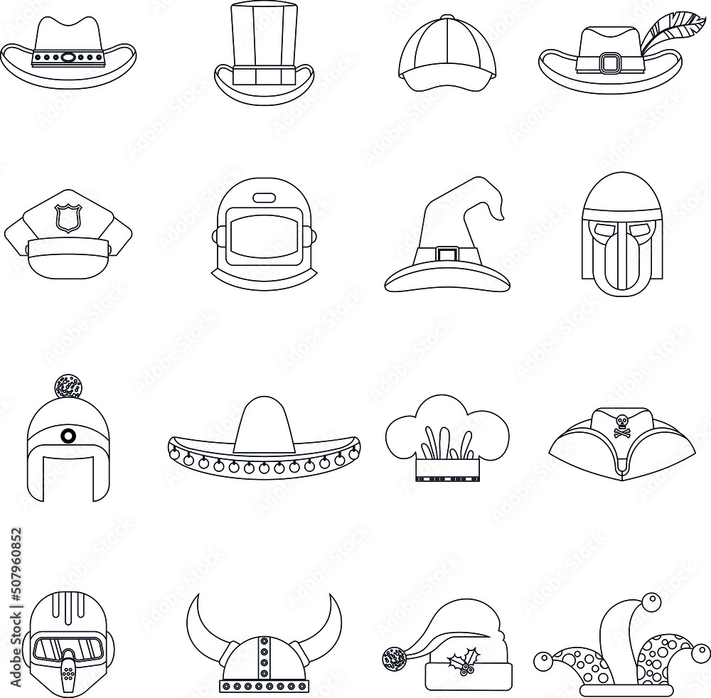Headwear hats outline flat vector collection icons Headwear hats outline flat vector collection icons