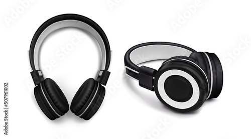 Headphones for listen music, dj audio headset isolated on white background. Vector realistic set of 3d black stereo earphones, accessory with sound speakers in front and perspective view